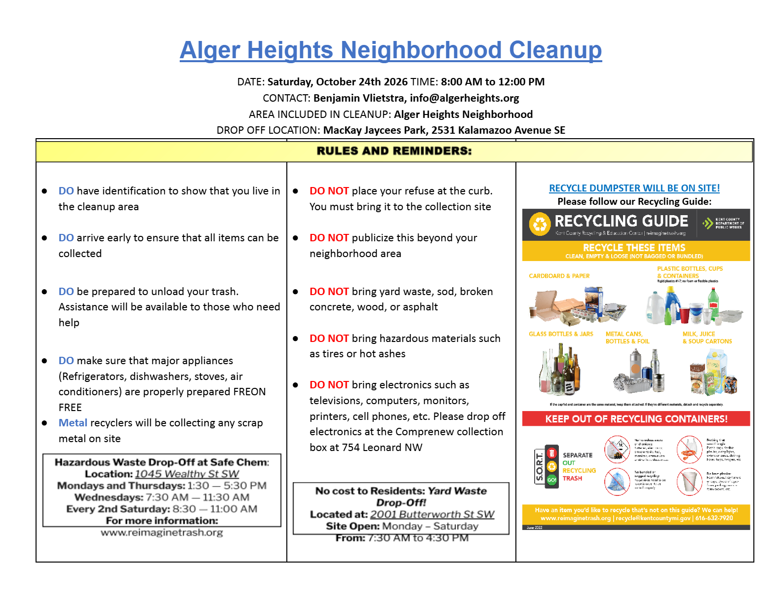 Alger Heights Dumpster Day 2026 flyer in English