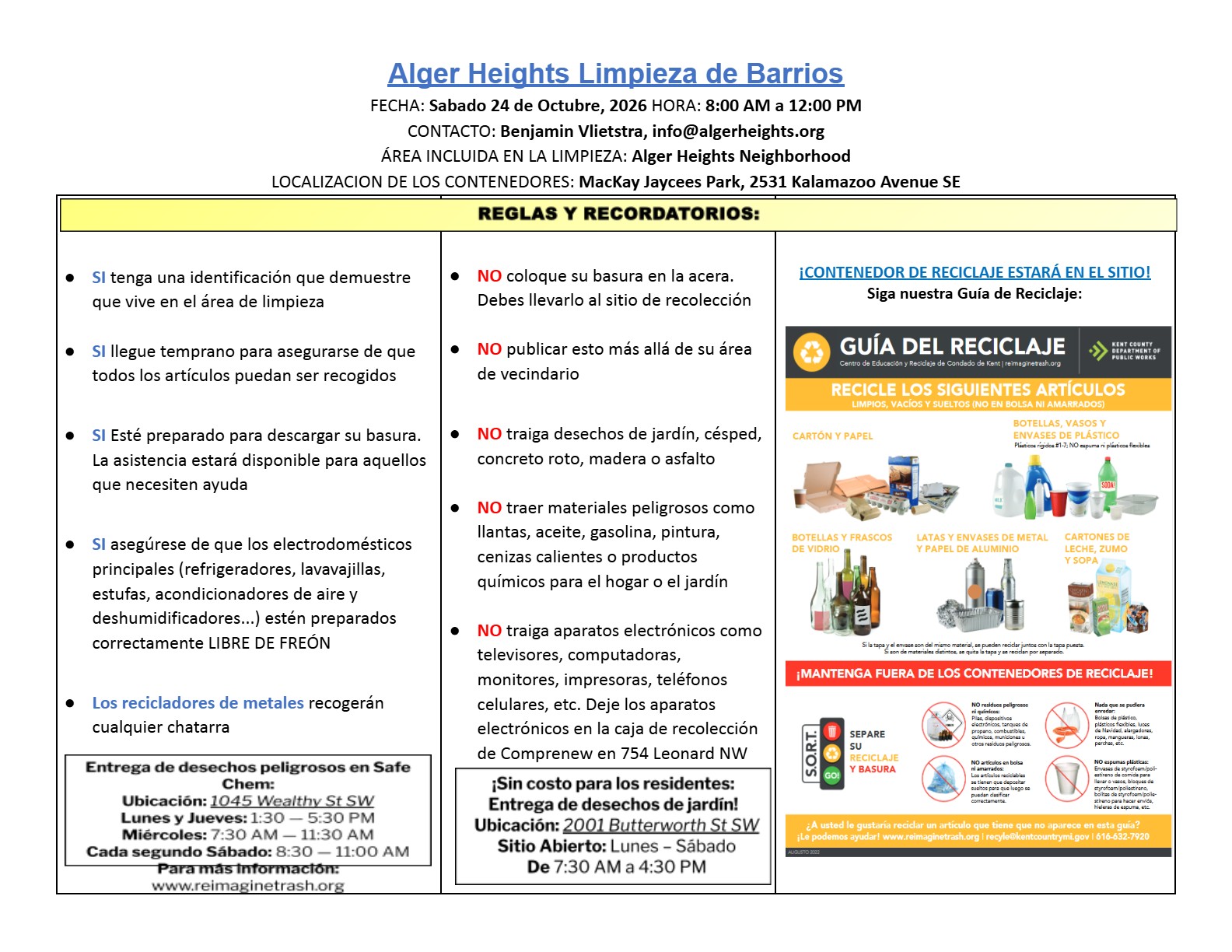Volante del Dia de Basureros de Alger Heights 2026 en espanol