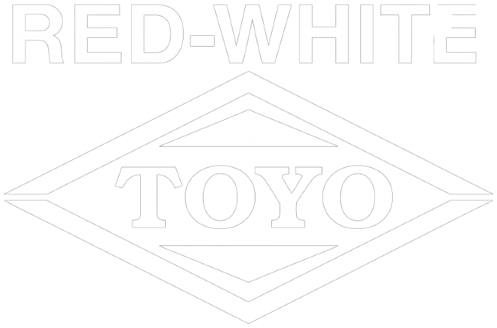 White text RED-WHITE above a white diamond shape enclosing the word TOYO on black background.