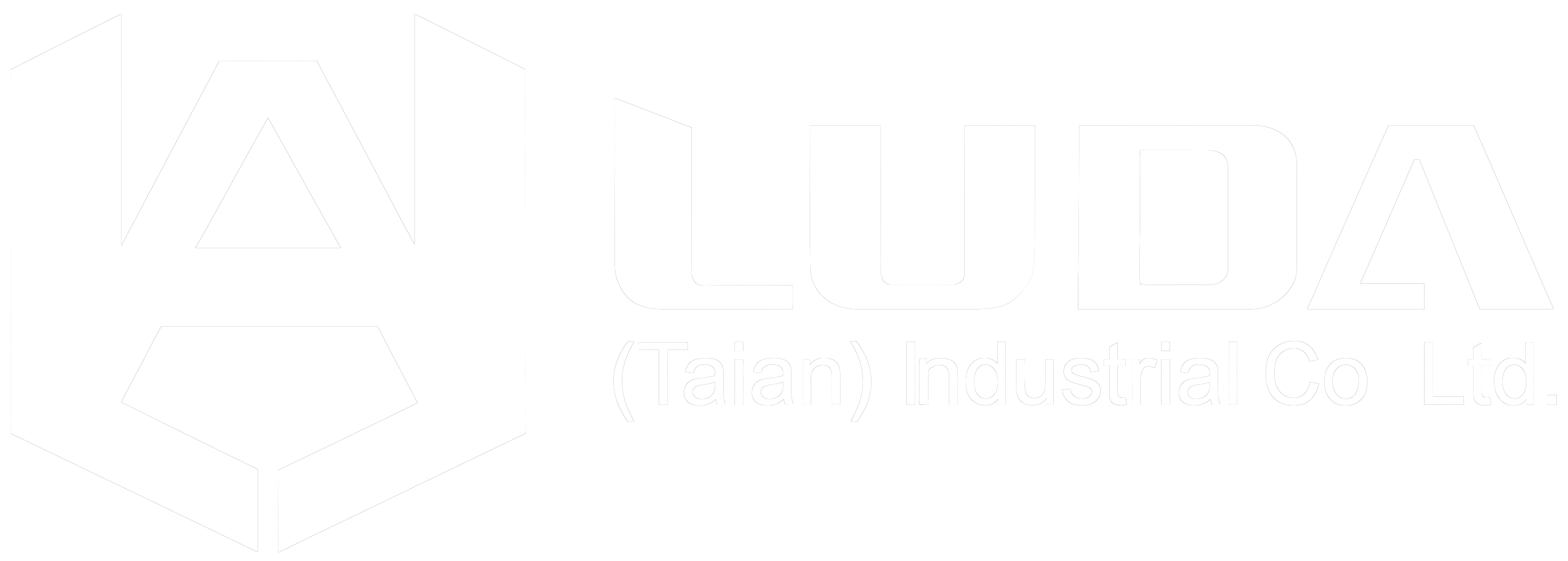 LUDA (Taian) Industrial Co Ltd. white logo with a stylized shield and triangle on a black background.