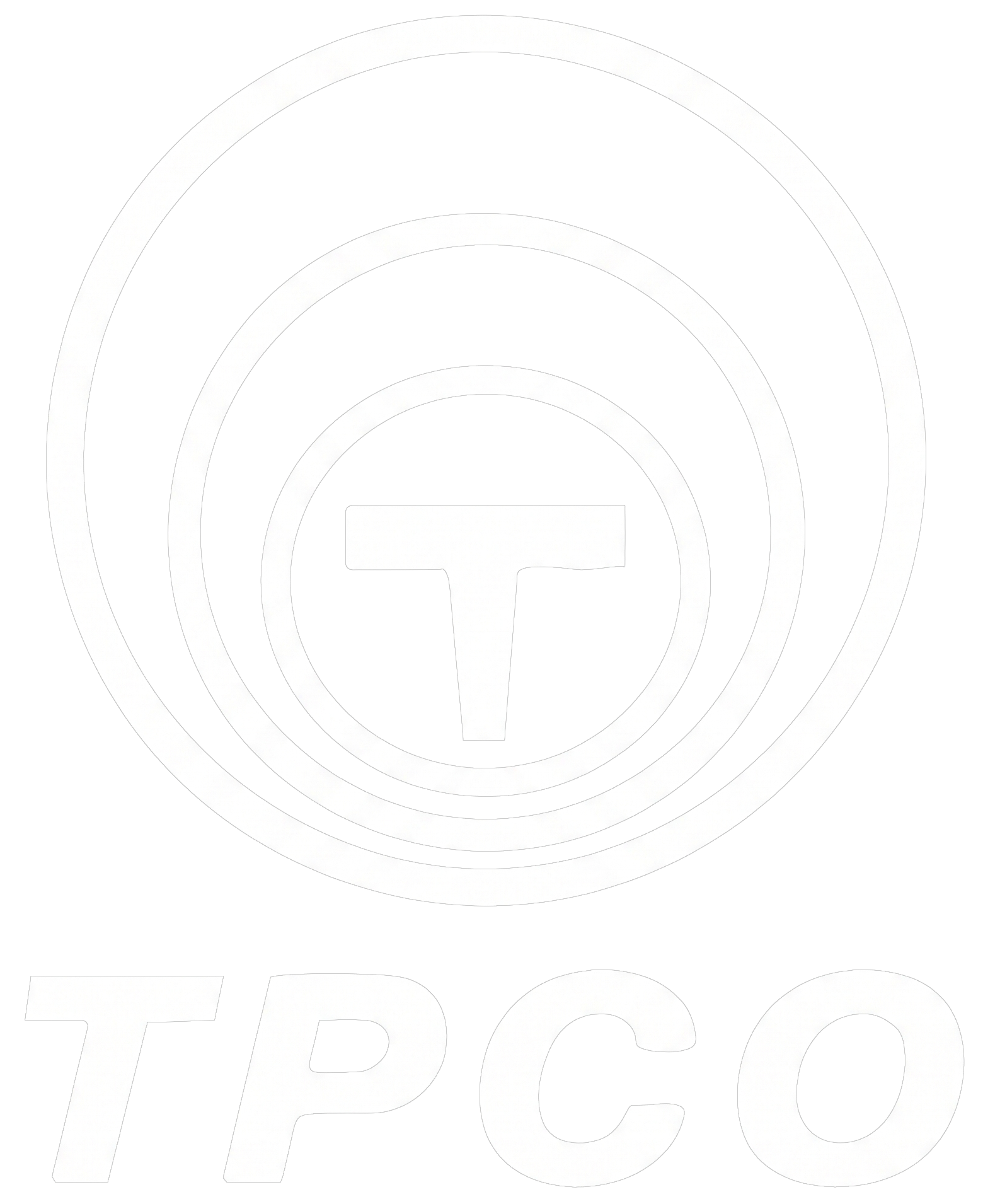 White T inside concentric circles above bold white letters TPCO on black background.