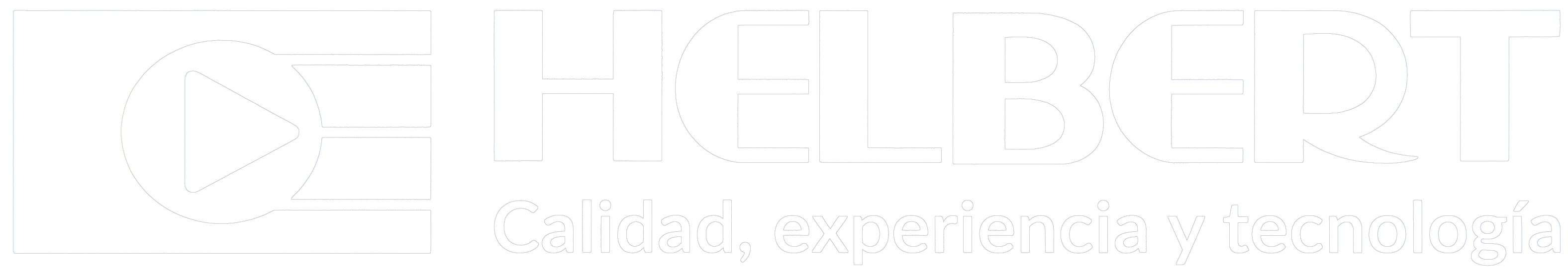 Helbert logo with a play button icon and slogan in Spanish about quality, experience, and technology.