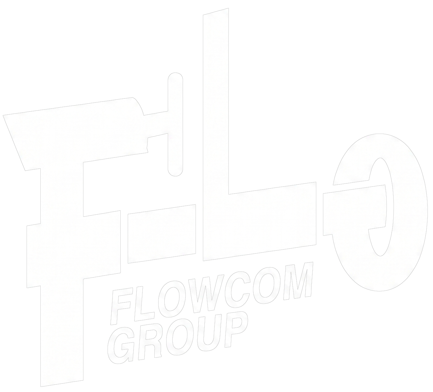 White stylized logo of Flowcom Group on a black background.