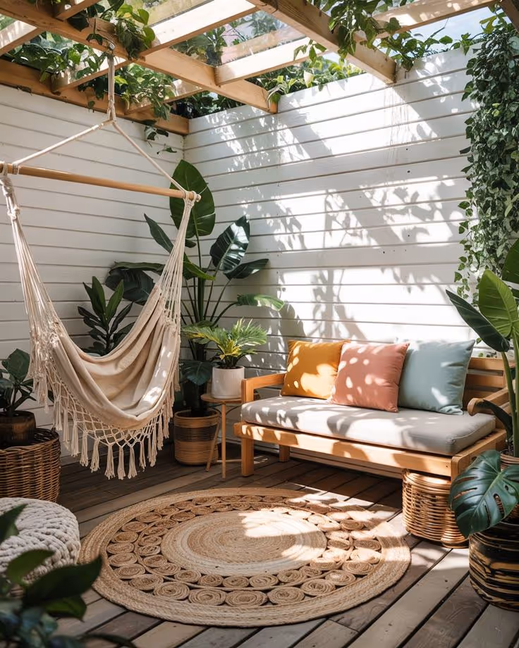 Sunny enclosed patio deck with macrame hammock chair, wood bench with colorful cushions, jute rug, and an abundance of tropical and monstera potted plants under a pergola.