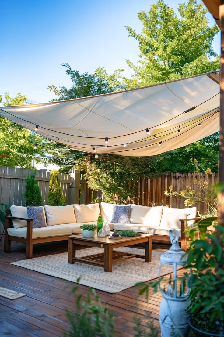 Backyard wood deck with a stretched canvas sail shade overhead, wood frame sectional sofa with cream cushions, string lights, jute rug, and surrounding wood fence with green trees.