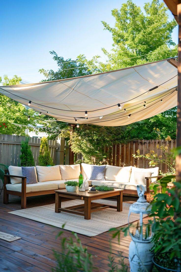 Backyard wood deck with a stretched canvas sail shade overhead, wood frame sectional sofa with cream cushions, string lights, jute rug, and surrounding wood fence with green trees.