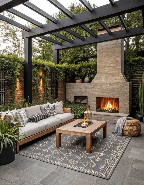 Modern backyard patio with dark steel pergola, stone fireplace surround with glowing fire, gray sectional sofa with pillows, teak coffee table, and decorative rug on slate tile.