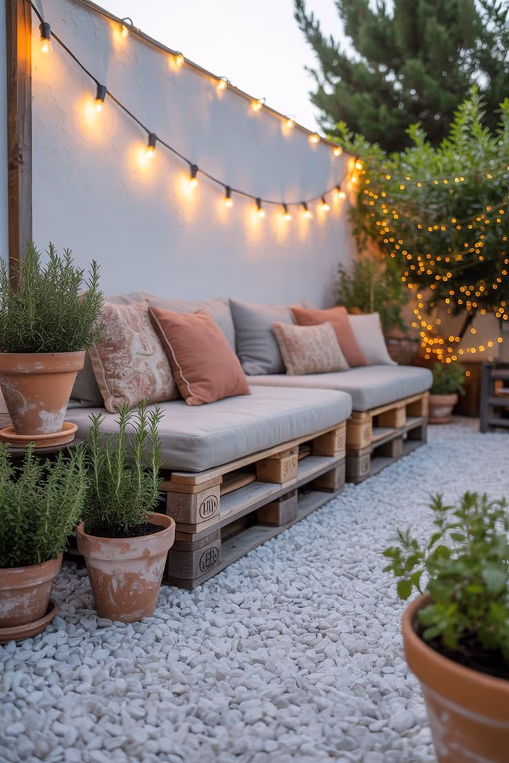 Compact patio with pallet-style sofa on white gravel ground cover, pink and gray cushions, terracotta pots with rosemary and herbs, and warm string lights on white wall at dusk.