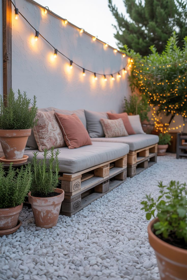 Compact patio with pallet-style sofa on white gravel ground cover, pink and gray cushions, terracotta pots with rosemary and herbs, and warm string lights on white wall at dusk.