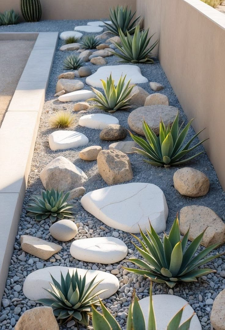 Minimalist garden bed with agave plants, succulents, and ornamental grasses arranged among white boulders and grey pea gravel in a clean rectangular concrete-bordered space.