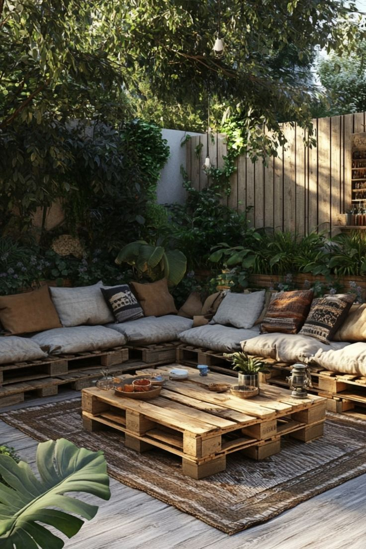 Shaded backyard lounge area with pallet sectional sofa and coffee table, linen and tribal pattern cushions on jute rug, surrounded by lush leafy shrubs and a wood fence.