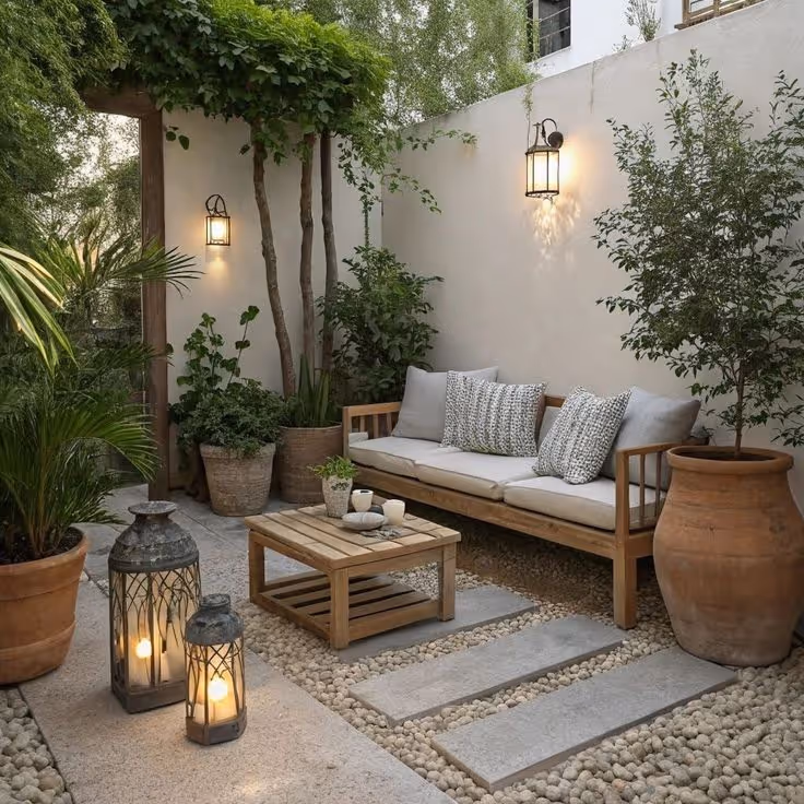 Intimate enclosed courtyard with stucco walls, wood bench sofa with gray cushions, oversized floor lanterns, wall sconces, pebble and stone tile paving, terracotta pots, and tree pillars.