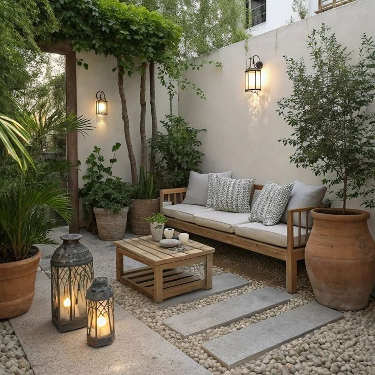 Intimate enclosed courtyard with stucco walls, wood bench sofa with gray cushions, oversized floor lanterns, wall sconces, pebble and stone tile paving, terracotta pots, and tree pillars.