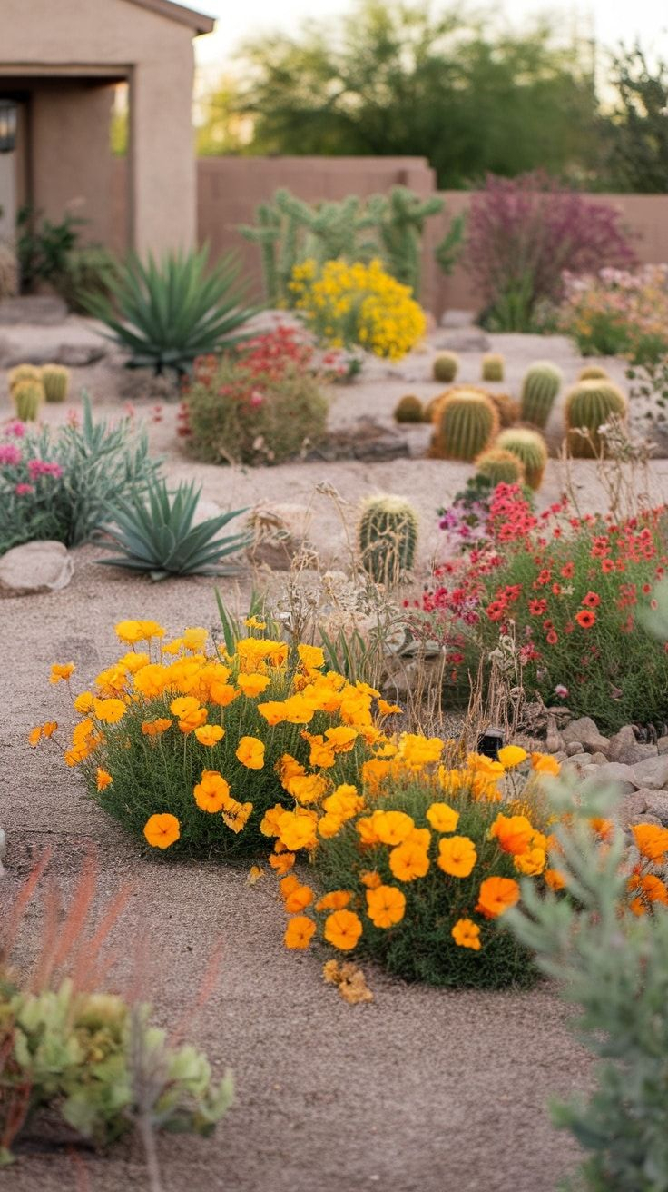 Vibrant desert front yard with orange California poppies, pink and red wildflowers, barrel cactus, blue agave, and desert shrubs set in sandy decomposed granite near a stucco home.