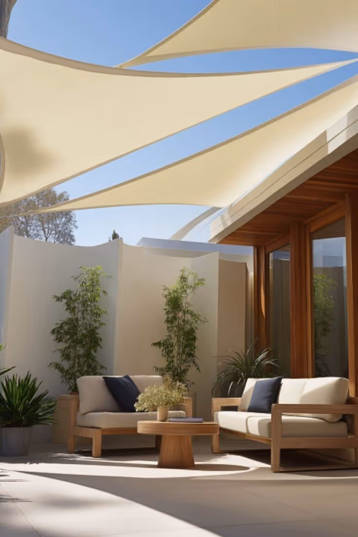 Modern courtyard patio with two overlapping cream sail shades, teak frame sofas with off-white and navy cushions, round wood coffee table, bamboo plantings, and stucco privacy walls.