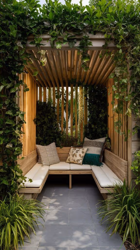 Intimate garden pergola alcove with built-in wood L-shaped bench seating, cushions with botanical pillows, slate tile floor, and walls and roof draped in dense ivy and climbing plants.