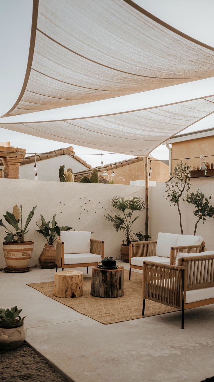Enclosed stucco-walled desert patio with a large linen sail shade, wood and rope lounge chairs, log-slice side tables, potted olive tree and fan palm, and string lights on white walls.
