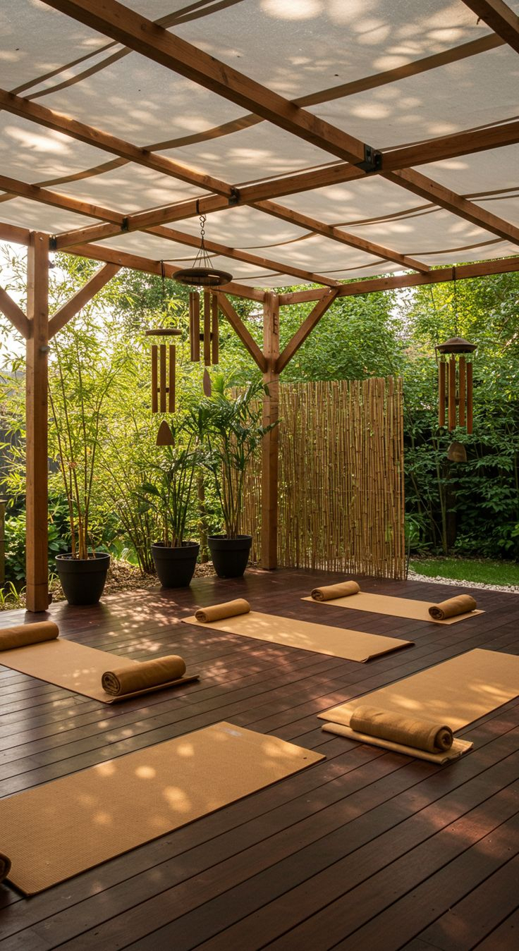 Wood deck outdoor yoga space under a canvas-covered pergola with yoga mats laid out, bamboo chime wind chimes hanging from rafters, bamboo screen divider, and lush green garden backdrop.