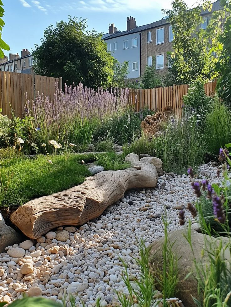 Urban cottage backyard with driftwood log feature, white pea gravel and pebble mulch, lavender, pink salvia, ornamental grasses, rocks, and wood fence backdrop.