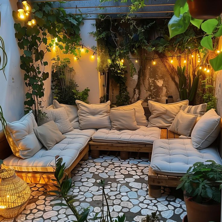Small outdoor courtyard with pallet wood sectional sofa, white cushions, pebble tile floor, climbing ivy walls, and warm string lights overhead at dusk.