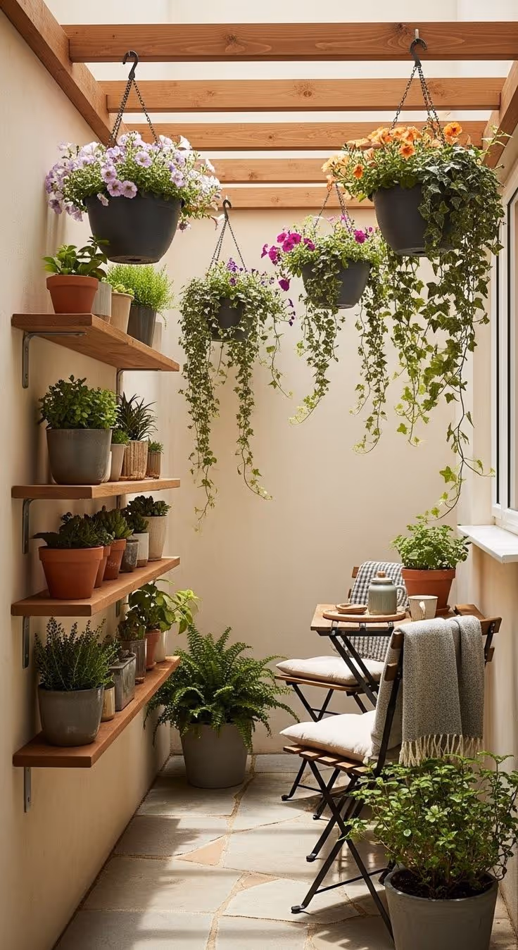 Narrow balcony or patio corner with tiered wooden wall shelves holding potted plants, hanging baskets with trailing flowers, and a small bistro table and chairs.