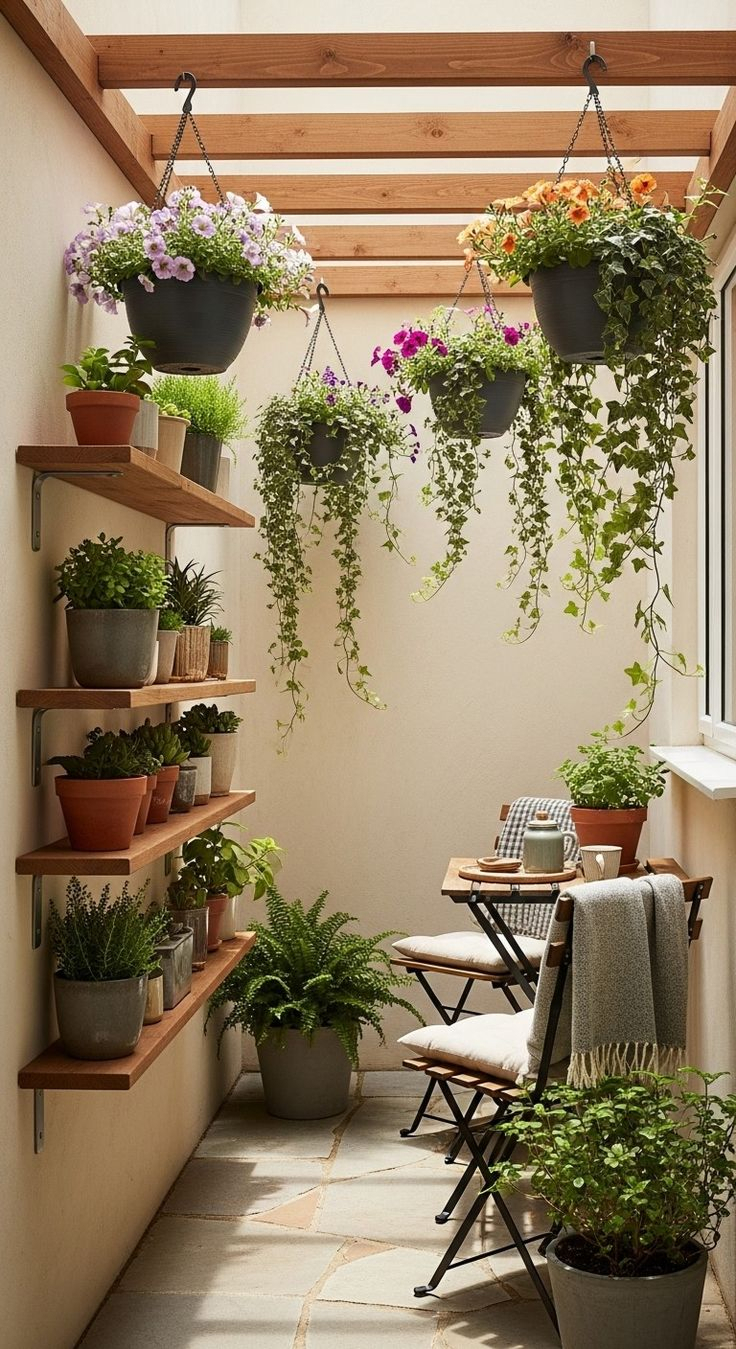 Narrow balcony or patio corner with tiered wooden wall shelves holding potted plants, hanging baskets with trailing flowers, and a small bistro table and chairs.