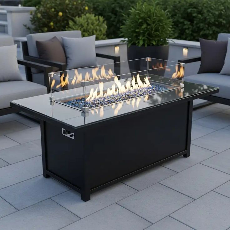 Modern black rectangular gas fire table with glass wind guards and blue fire glass on a gray paver patio, flanked by contemporary outdoor sofas with gray cushions.
