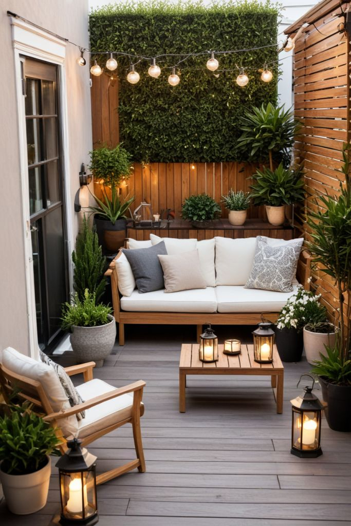 Small gray composite deck with teak outdoor sofa, white cushions, floor lanterns, string lights overhead, a living wall panel, and potted tropical plants.