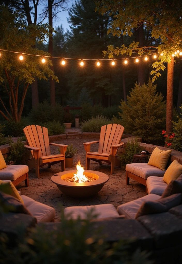 Circular stone patio fire pit seating area with Adirondack chairs, outdoor sofas with cushions, surrounded by lush greenery and warm string lights in tall trees at dusk.