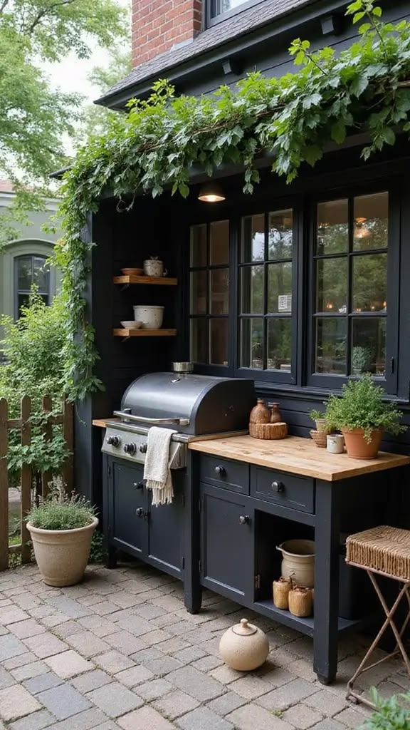 Cottage-style outdoor kitchen with dark navy cabinetry, stainless steel gas grill, butcher block prep counter, wall-mounted wooden shelves, and climbing vines on brick pavers.