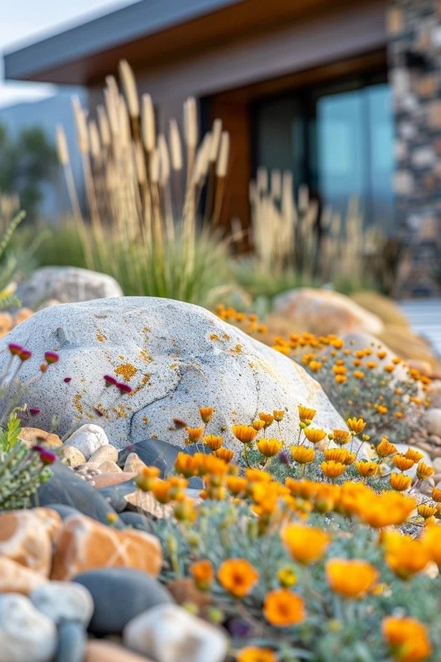 Desert contemporary front yard with large granite boulders, clusters of bright orange wildflowers, ornamental grasses, and a modern wood-and-stone home facade in the background.
