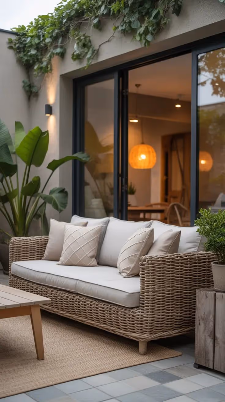 Modern outdoor patio at dusk with a wicker rattan sofa, plush white cushions, tile floor, large banana-leaf tropical plants, climbing vines on the wall, and warm interior light visible through glass sliding doors.