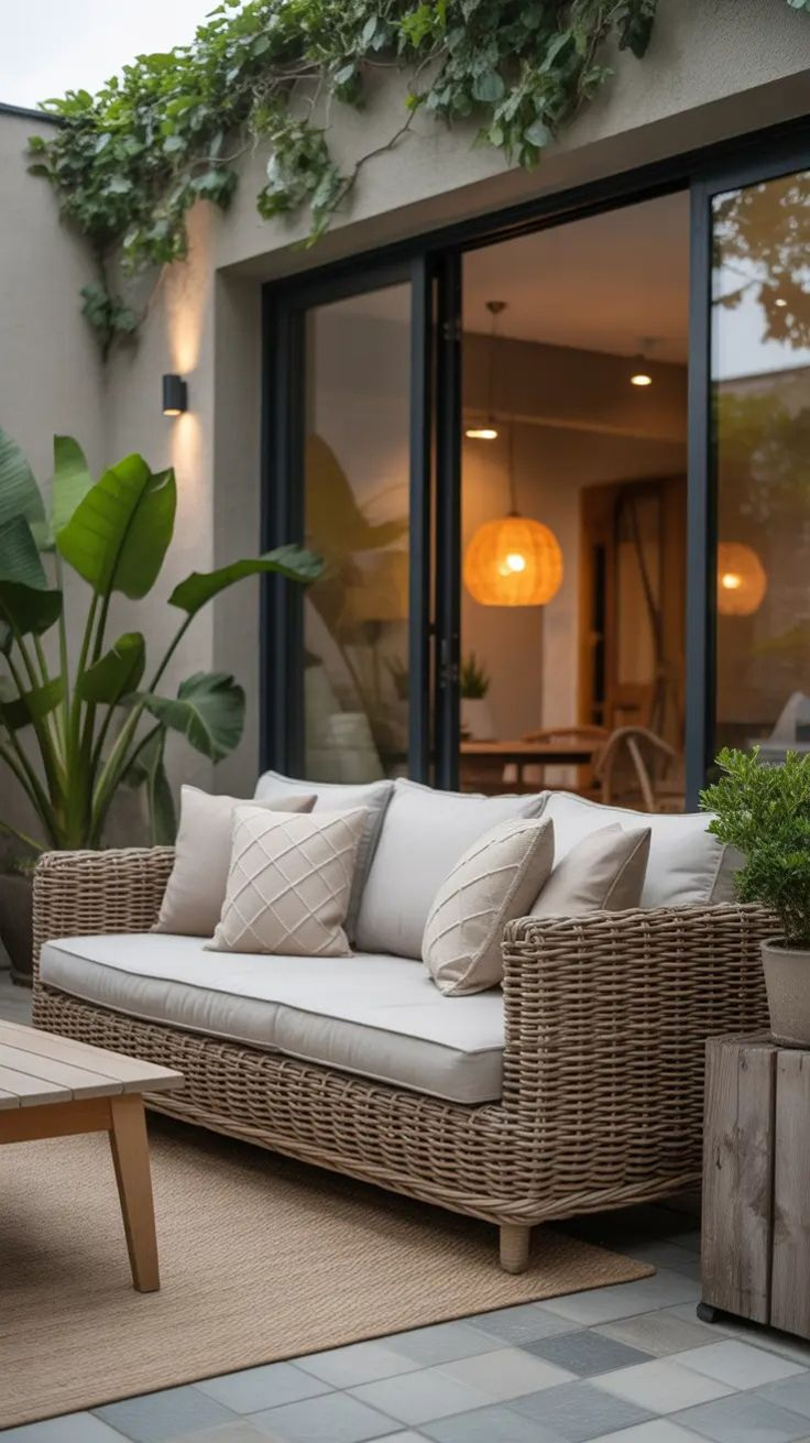 Modern outdoor patio at dusk with a wicker rattan sofa, plush white cushions, tile floor, large banana-leaf tropical plants, climbing vines on the wall, and warm interior light visible through glass sliding doors.
