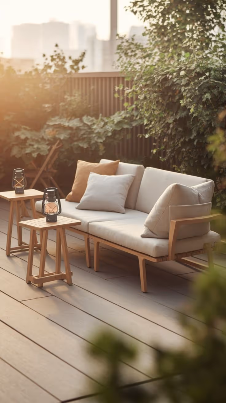 Modern rooftop or raised deck at golden hour with a teak wood framed outdoor sofa, linen cushions, small side tables with lanterns, and a green climbing vine privacy fence with city skyline beyond.
