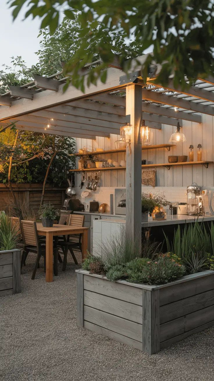 Modern backyard pergola over an outdoor kitchen with open shelving, pendant lights, wooden raised planter beds in the foreground, gravel ground cover, and a wooden dining table and chairs at dusk.