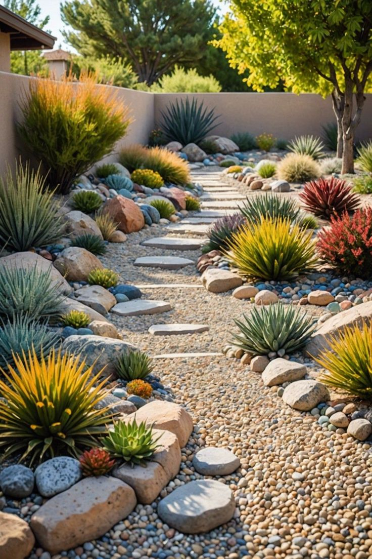 Xeriscape side yard garden with a gravel and stepping stone pathway flanked by colorful agaves, yuccas, ornamental grasses, and succulents in yellow, red, and blue-green tones against a stucco wall.