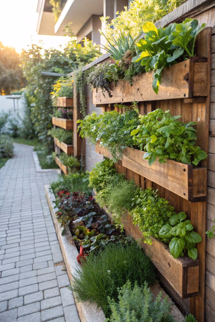 Backyard fence wall lined with stacked wood pallet shelving holding rows of galvanized tin pots and herb plants, with a ground-level pallet planter tray filled with gravel and greens, and string lights above.