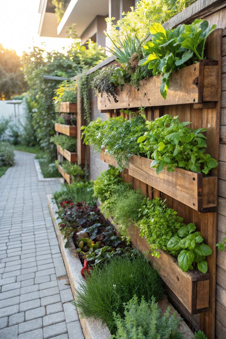 Backyard fence wall lined with stacked wood pallet shelving holding rows of galvanized tin pots and herb plants, with a ground-level pallet planter tray filled with gravel and greens, and string lights above.