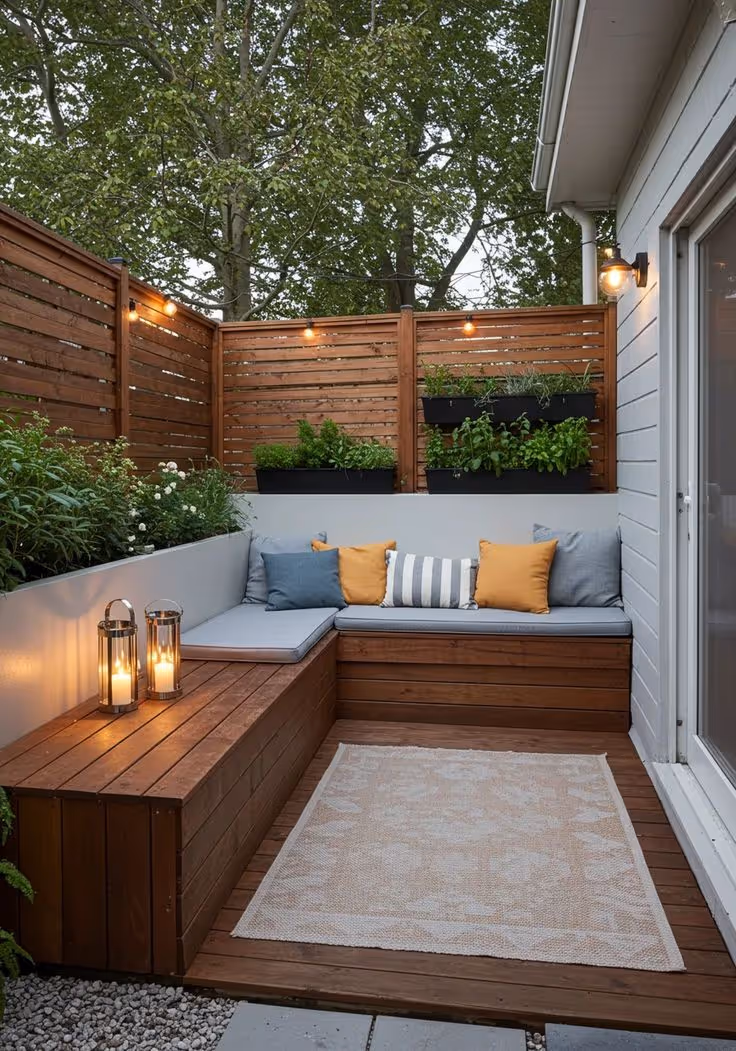 Small fenced backyard patio with three layered beige shade sails providing coverage over a metal frame sectional sofa with cream cushions, a round coffee table, potted plants, and mature trees overhead.
