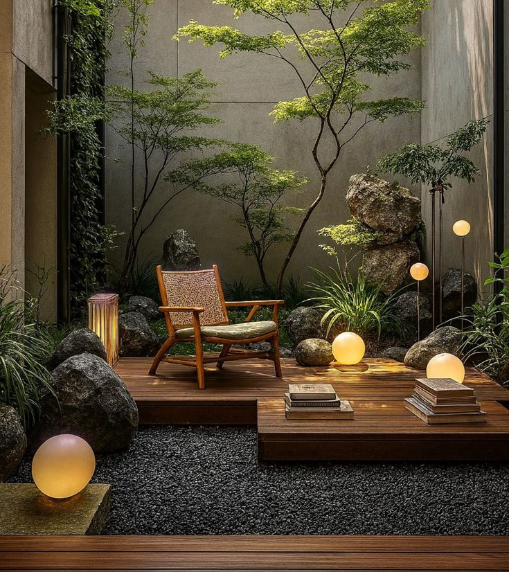 Minimalist Japanese-inspired courtyard with dark gravel ground cover, raised wood platform deck, a single lounge chair, oversized boulders, Japanese maple trees, and glowing white globe floor lamps at night.