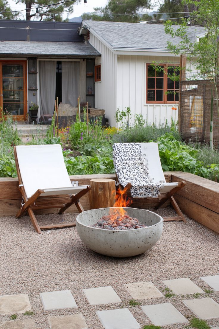 Relaxed backyard with a decomposed granite patio, concrete fire bowl, two canvas folding lounge chairs, raised timber borders, a lush vegetable garden backdrop, and a white cottage-style shed in the background.