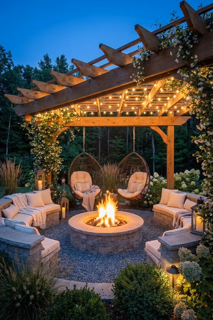 Dramatic nighttime backyard with a cedar pergola, string lights wrapped on rafters, two hanging wicker egg chairs, a round stone fire pit with roaring flame, curved seating with cream cushions, and hydrangea plantings.
