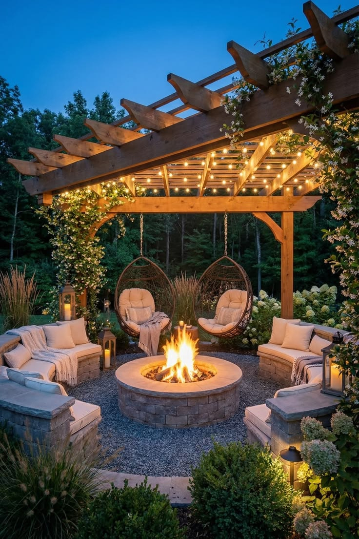 Dramatic nighttime backyard with a cedar pergola, string lights wrapped on rafters, two hanging wicker egg chairs, a round stone fire pit with roaring flame, curved seating with cream cushions, and hydrangea plantings.