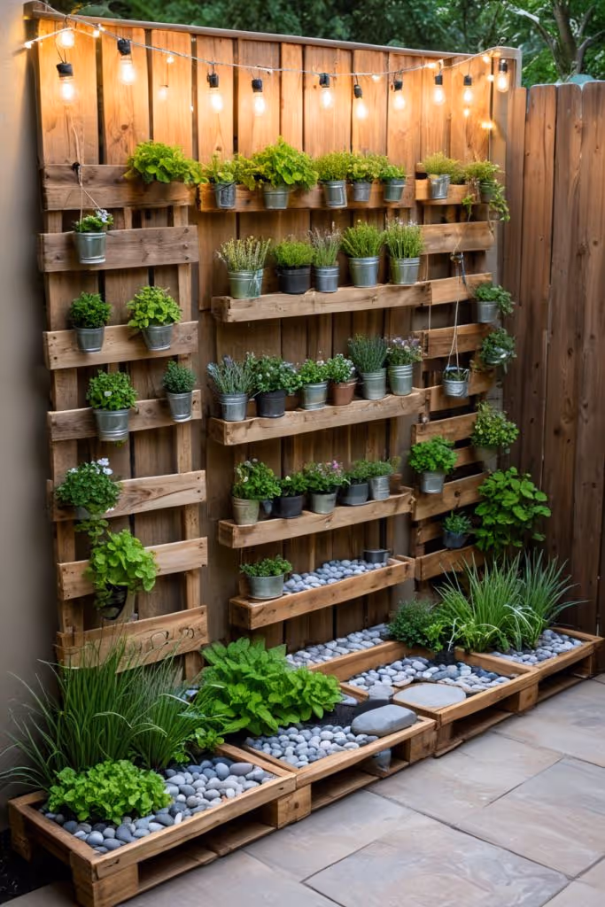 Cedar vertical wall planter with three rows of rectangular wood planter boxes holding herbs, leafy greens, and purple flowers, flanked by two black lanterns mounted to a dark wood privacy fence.