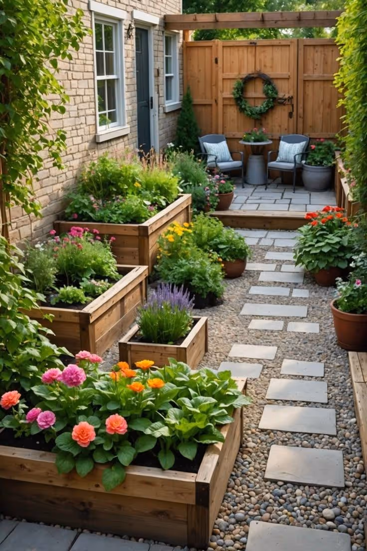 Mediterranean-style walled patio with a large tan shade sail, teak wood benches and coffee table, large tile pavers, surrounding garden with small lawn, agave, and Japanese maple trees.