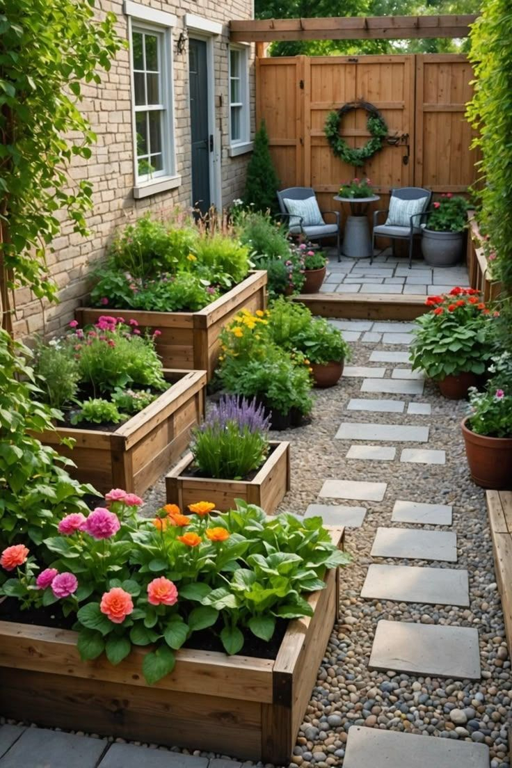 Mediterranean-style walled patio with a large tan shade sail, teak wood benches and coffee table, large tile pavers, surrounding garden with small lawn, agave, and Japanese maple trees.