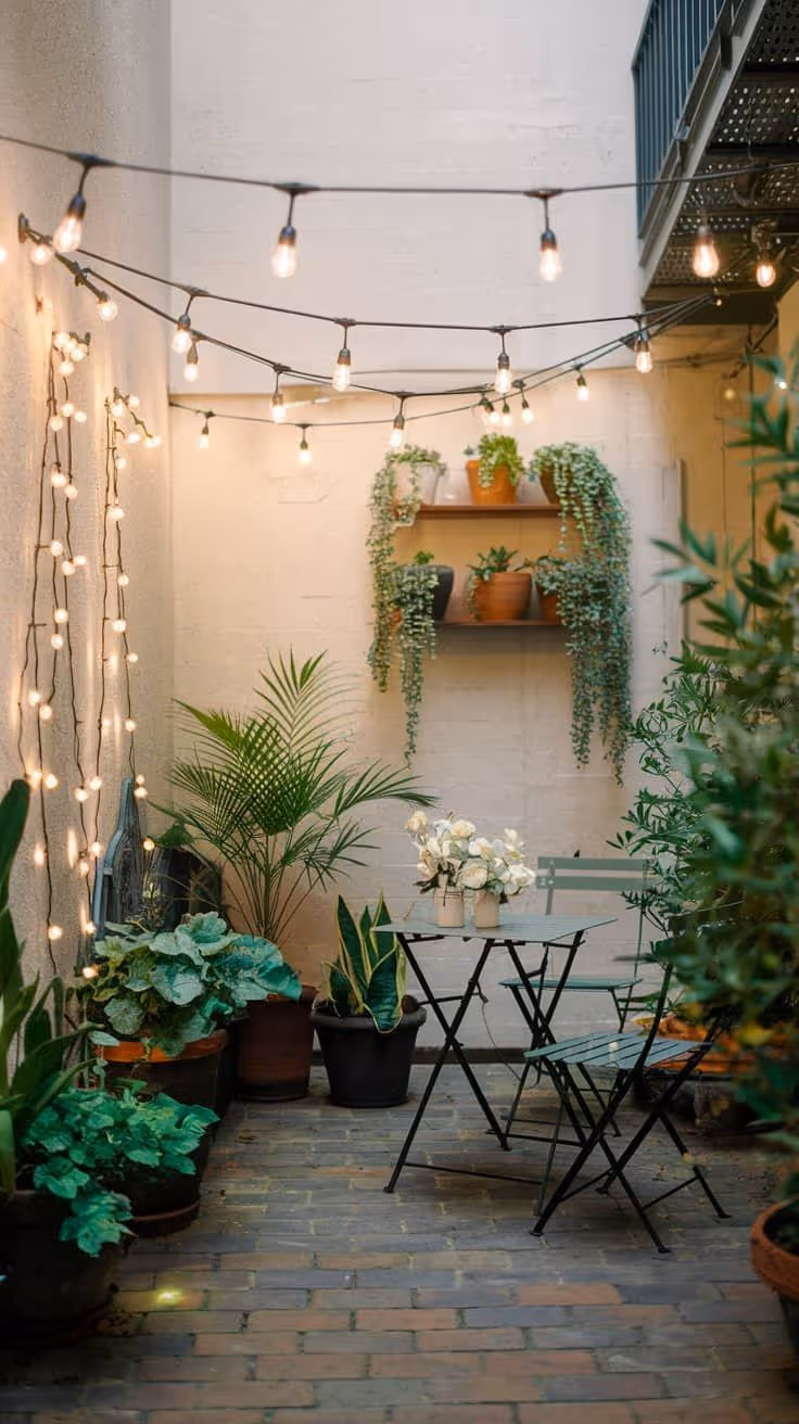 Teak outdoor sofa with linen and pink accent cushions on a concrete patio, covered by a mature tree canopy with a jute rug, adjacent to a lush green hedge backdrop and small potted plant.