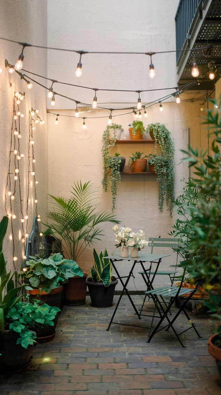 Teak outdoor sofa with linen and pink accent cushions on a concrete patio, covered by a mature tree canopy with a jute rug, adjacent to a lush green hedge backdrop and small potted plant.