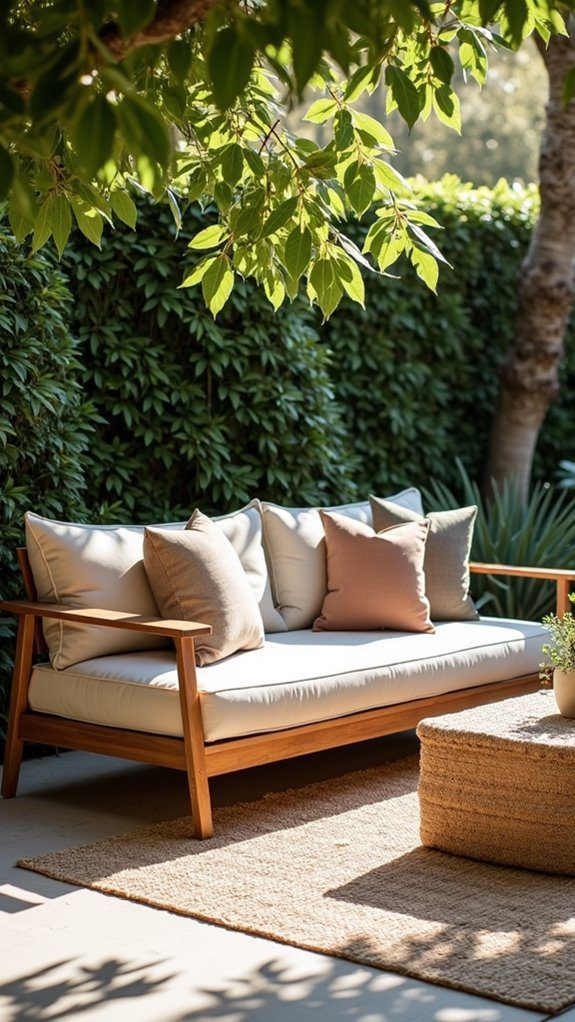Winding garden path made from rectangular wood planks set in white river rock, cutting through a lush cottage garden of lavender, salvia, hydrangea, and ornamental perennials with birch trees and a modern shed structure.