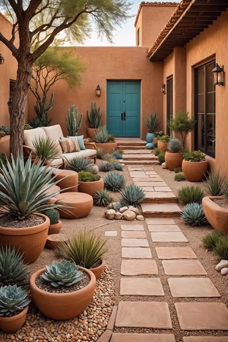 Japanese-inspired backyard garden under a dark wood pergola with climbing vines, concrete stepping stones set in river rock and boulders, trimmed mounding shrubs, ornamental trees, and a hardwood deck edge.